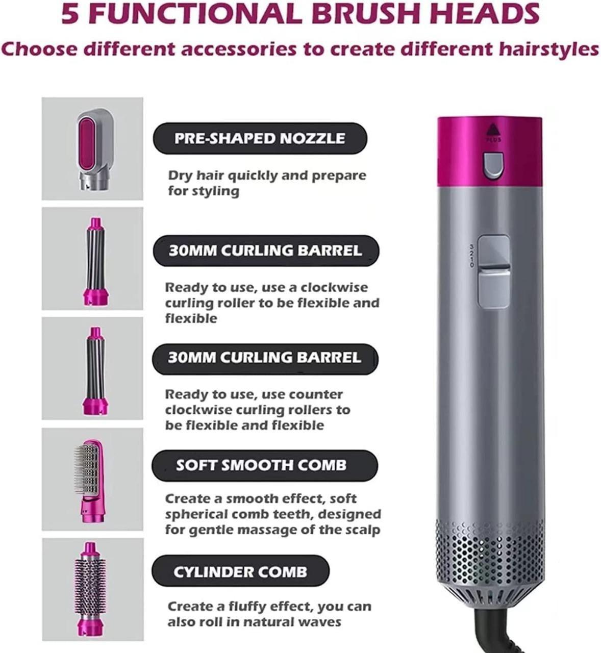 5 in 1 Styling Hot Air Brush with Negative Ion – Detachable and Interchangeable Bristles for Straightening, Curling, Drying, Combing, and Scalp Massage