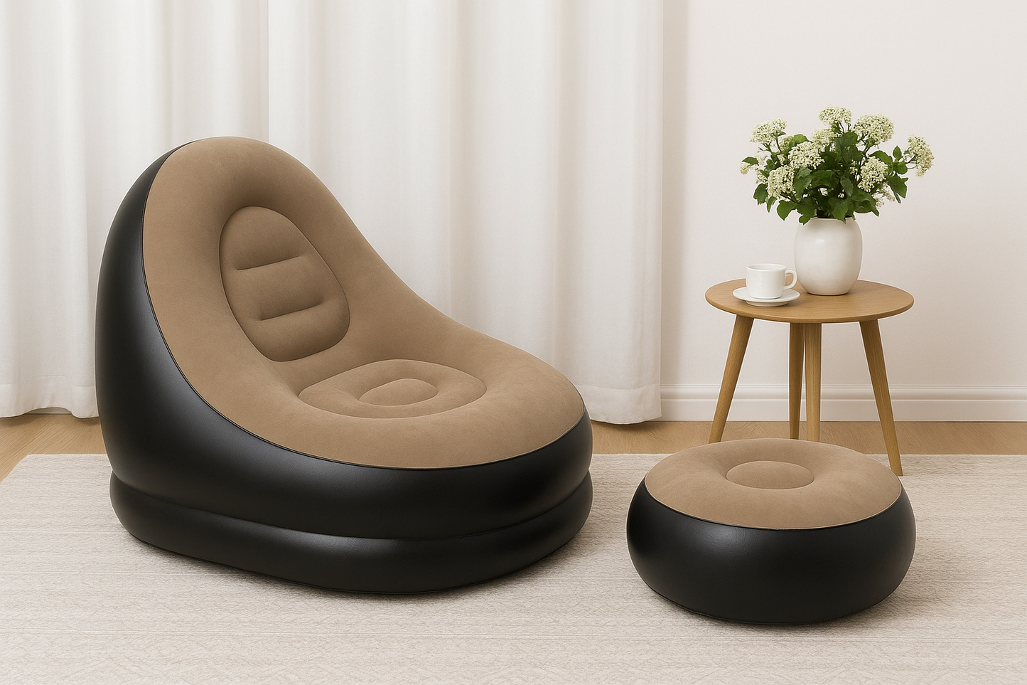 🛋️ Inflatable Lounge Chair for Adults – Folding Portable Lazy Sofa with Foot Stool (Black & Brown) + Air Pump