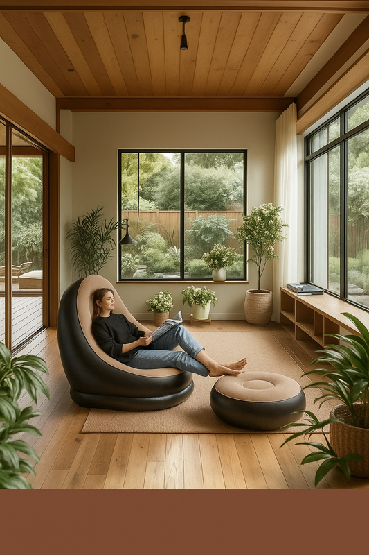🛋️ Inflatable Lounge Chair for Adults – Folding Portable Lazy Sofa with Foot Stool (Black & Brown) + Air Pump