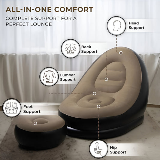 🛋️ Inflatable Lounge Chair for Adults – Folding Portable Lazy Sofa with Foot Stool (Black & Brown) + Air Pump